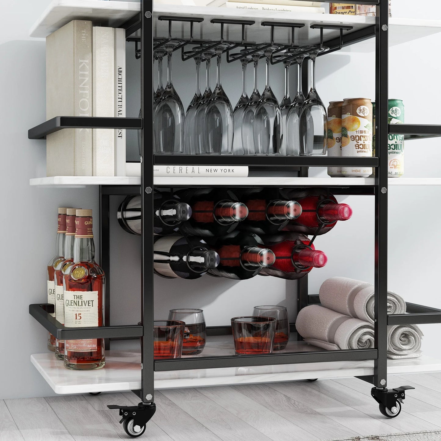 BENOSS 3-Tier Home Bar Cart with Wine Rack and Glass Cup Storage, Mobile Serving Wine Cart on Wheels, Modern Drink Trolley for Coffee Tea Wine, Beverage Bar Table for Home Kitchen Party, Black