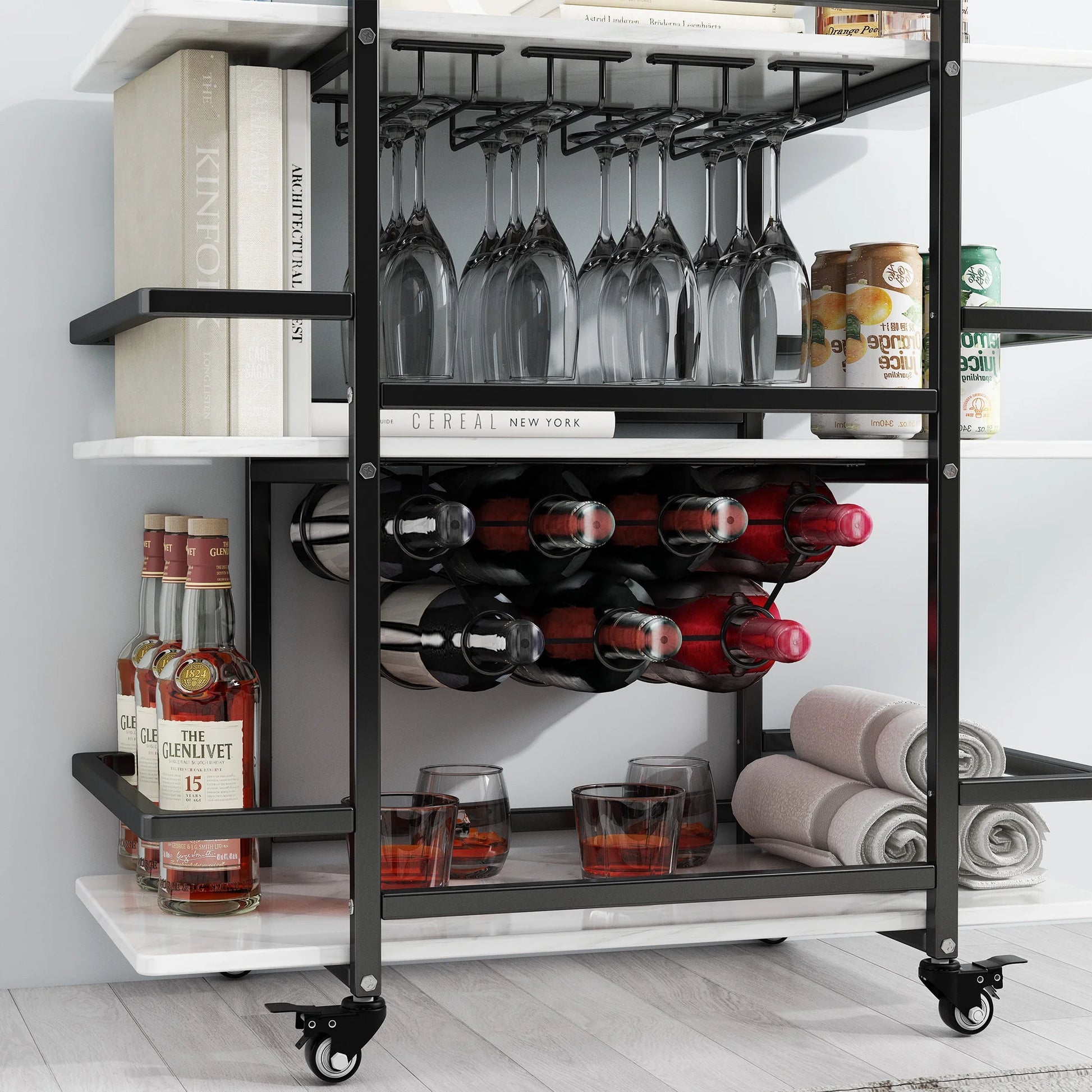 BENOSS 3-Tier Home Bar Cart with Wine Rack and Glass Cup Storage, Mobile Serving Wine Cart on Wheels, Modern Drink Trolley for Coffee Tea Wine, Beverage Bar Table for Home Kitchen Party, Black