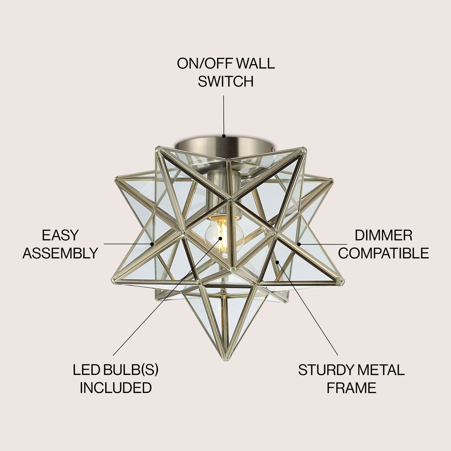 JONATHAN Y Lynn Moravian Star Metal/Clear Glass LED Flush Mount, by JONATHAN Y - 12" Nickel