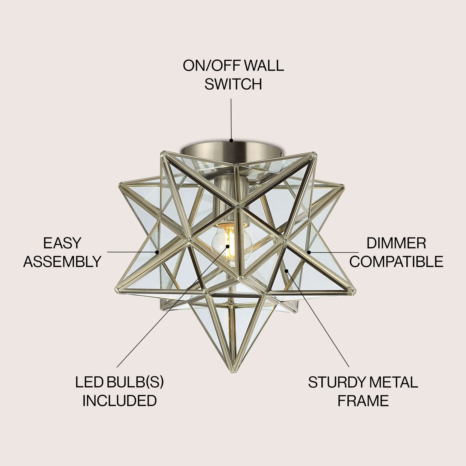 JONATHAN Y Lynn Moravian Star Metal/Clear Glass LED Flush Mount, by JONATHAN Y - 12" Nickel