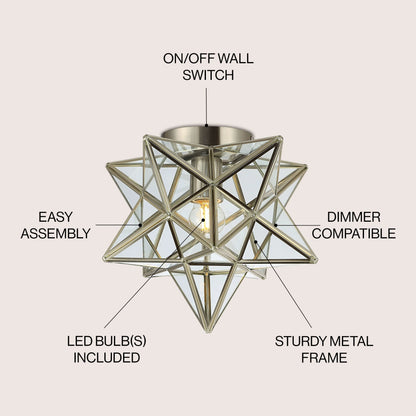JONATHAN Y Lynn Moravian Star Metal/Clear Glass LED Flush Mount, by JONATHAN Y - 12" Nickel