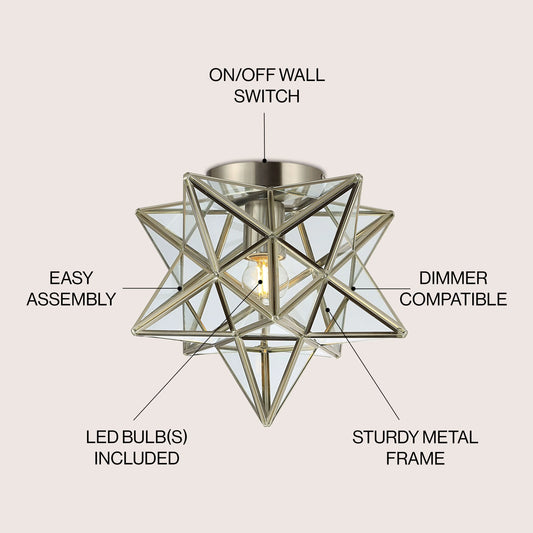 JONATHAN Y Lynn Moravian Star Metal/Clear Glass LED Flush Mount, by JONATHAN Y - 12" Nickel