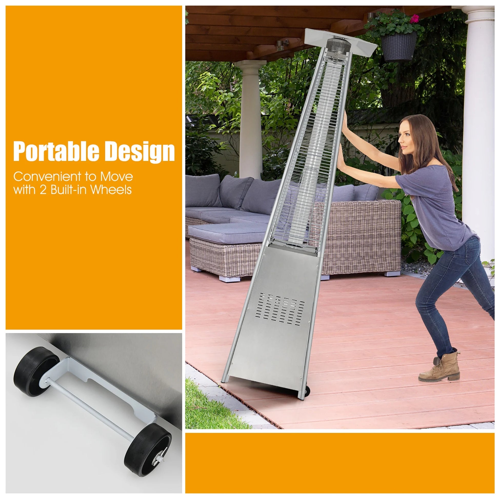 Costway 90'' Tall Pyramid Patio Heater Quartz Glass Tube Flame Heating 42000 BTU W/Wheel