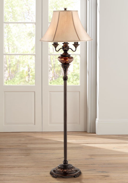 Barnes and Ivy Traditional Floor Lamp 4-Light 63" Tall Lush Bronze Tortoise Glass Font Bell Shade for Living Room Reading Bedroom Office