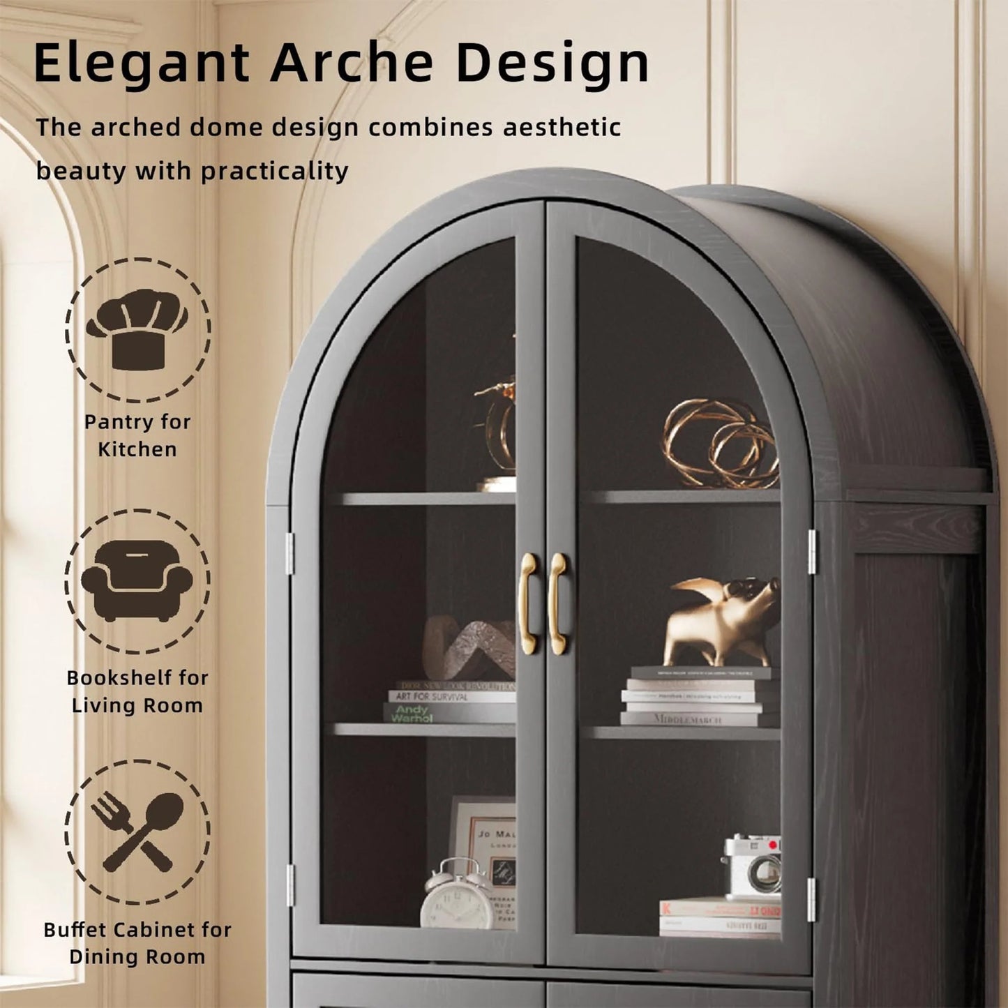 Fiogmub Tall Arched Storage Display Cabinet, Arched Pantry Cabinet with Doors, Acrylic Glass Doors