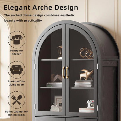 Fiogmub Tall Arched Storage Display Cabinet, Arched Pantry Cabinet with Doors, Acrylic Glass Doors
