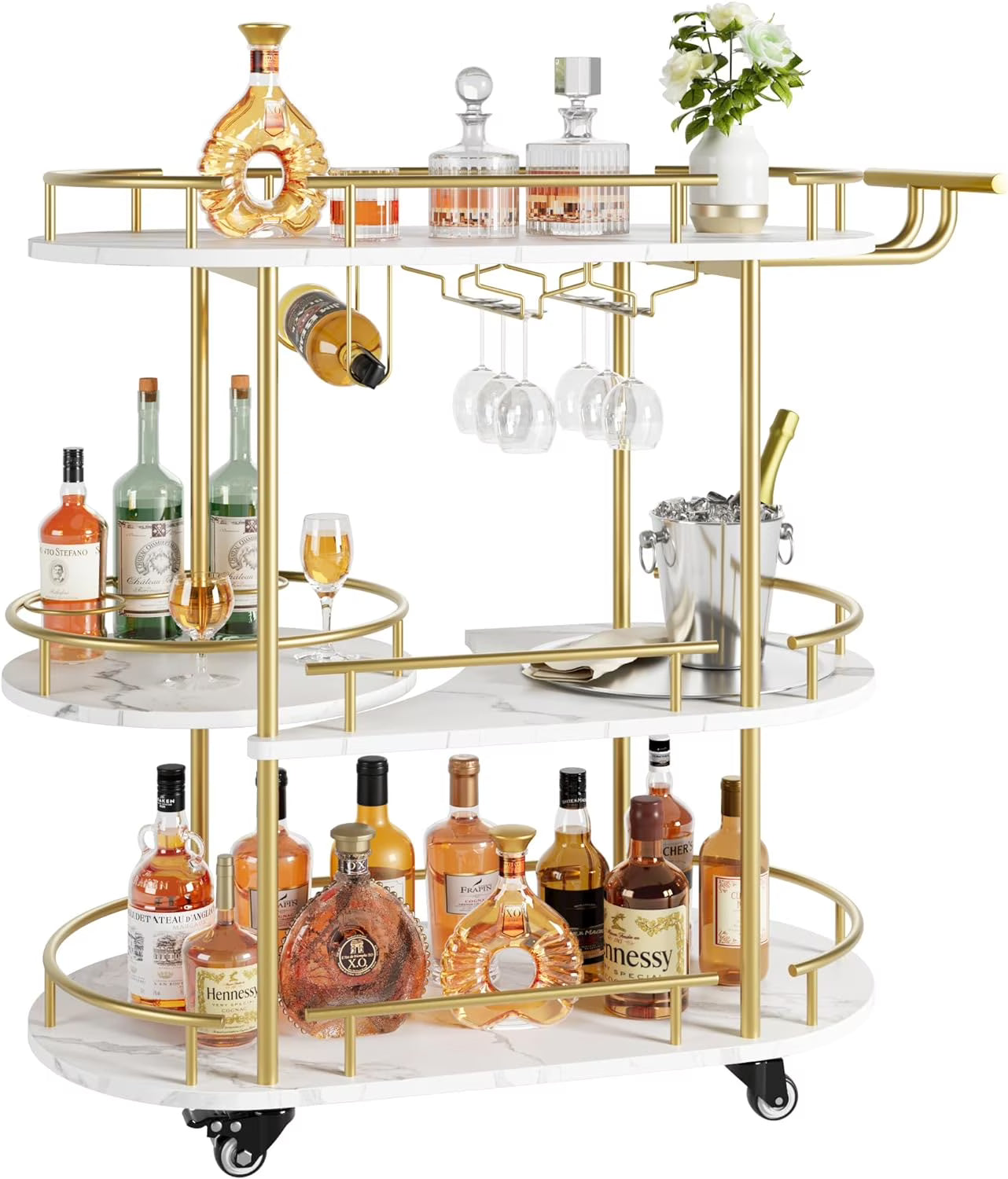 Yesurprise Gold Bar Cart 3 Tier Bar Carts for The Home Rotated Bar Cart Gold with Wine Rack and Glass Holder Bar Serving Cart with Wheels for Living Room Kitchen Dining Room
