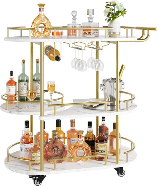 Yesurprise Gold Bar Cart 3 Tier Bar Carts for The Home Rotated Bar Cart Gold with Wine Rack and Glass Holder Bar Serving Cart with Wheels for Living Room Kitchen Dining Room