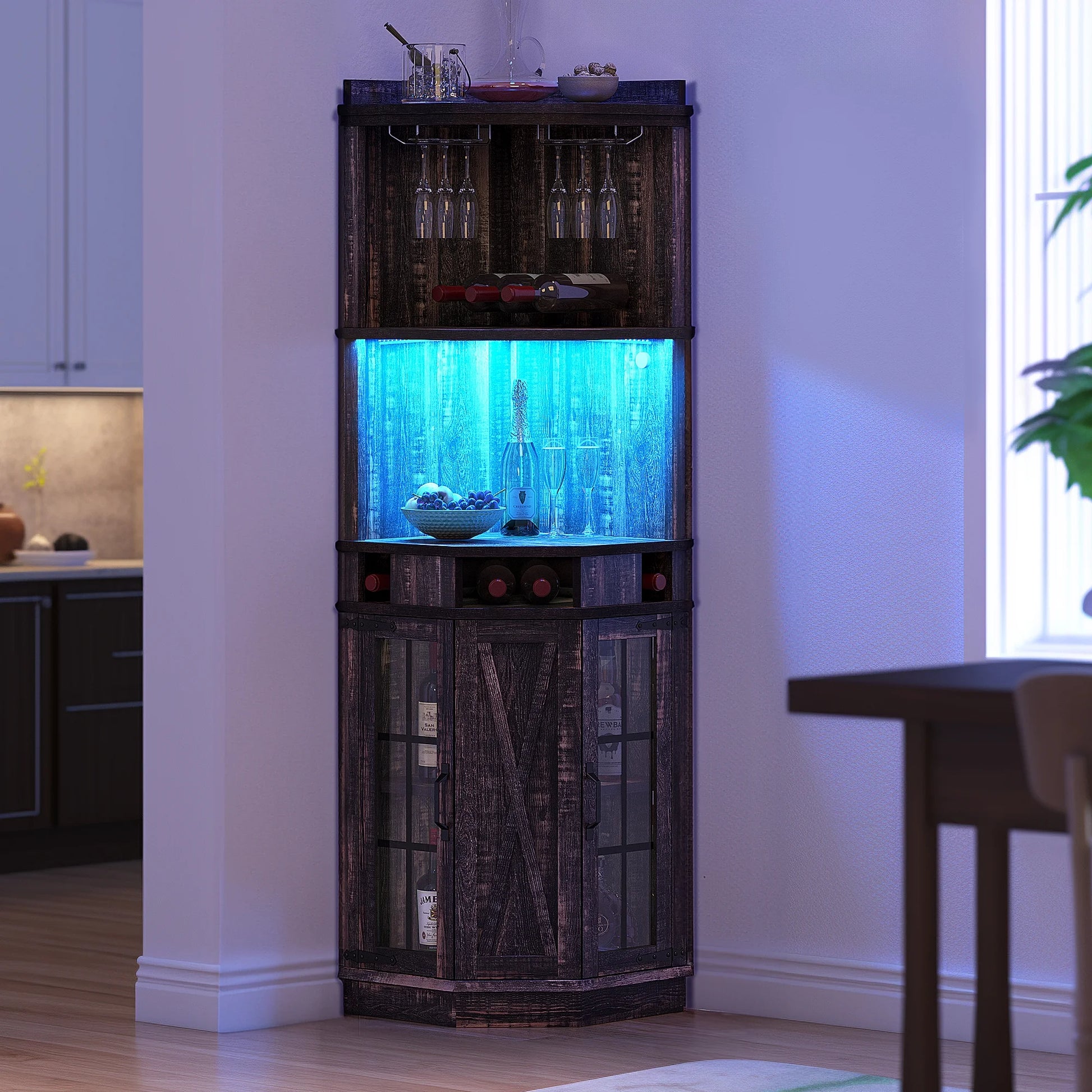 DEXTRUS 72" Corner Bar Unit, 3 Tier Freestanding Wine Bar Cabinet with LED Lights & Glass Holder & Adjustable Shelf, Black Oak