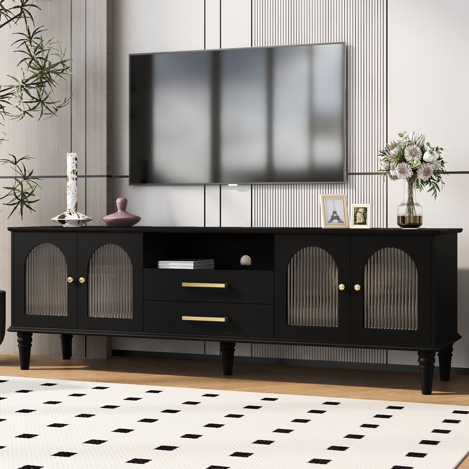 Harper & Bright Designs TV Stand with Fluted Glass Doors for 75 inch TV, TV Storage Cabinet Table with Drawers, Wood Media Console Table with Solid Wood Legs for Living Room, White