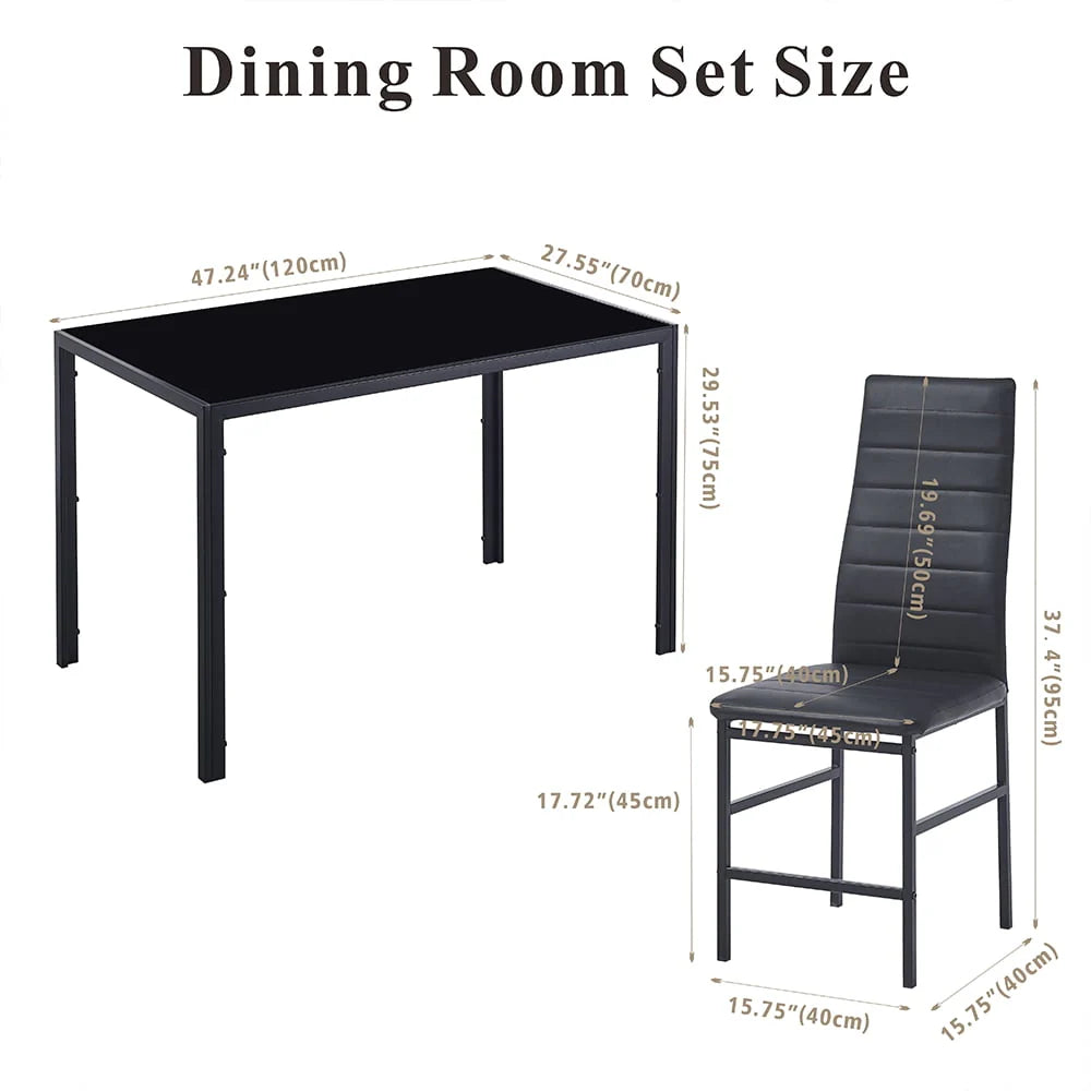 Dining Table Set for 4, 5 Piece Kitchen Table and Chairs with Black Tempered Glass Table Top and 4 Black Faux Leather Metal Frame Chairs,47.2" x 27.5" x 29.5"