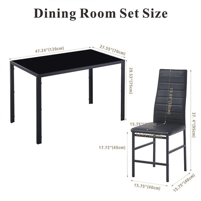 Dining Table Set for 4, 5 Piece Kitchen Table and Chairs with Black Tempered Glass Table Top and 4 Black Faux Leather Metal Frame Chairs,47.2" x 27.5" x 29.5"