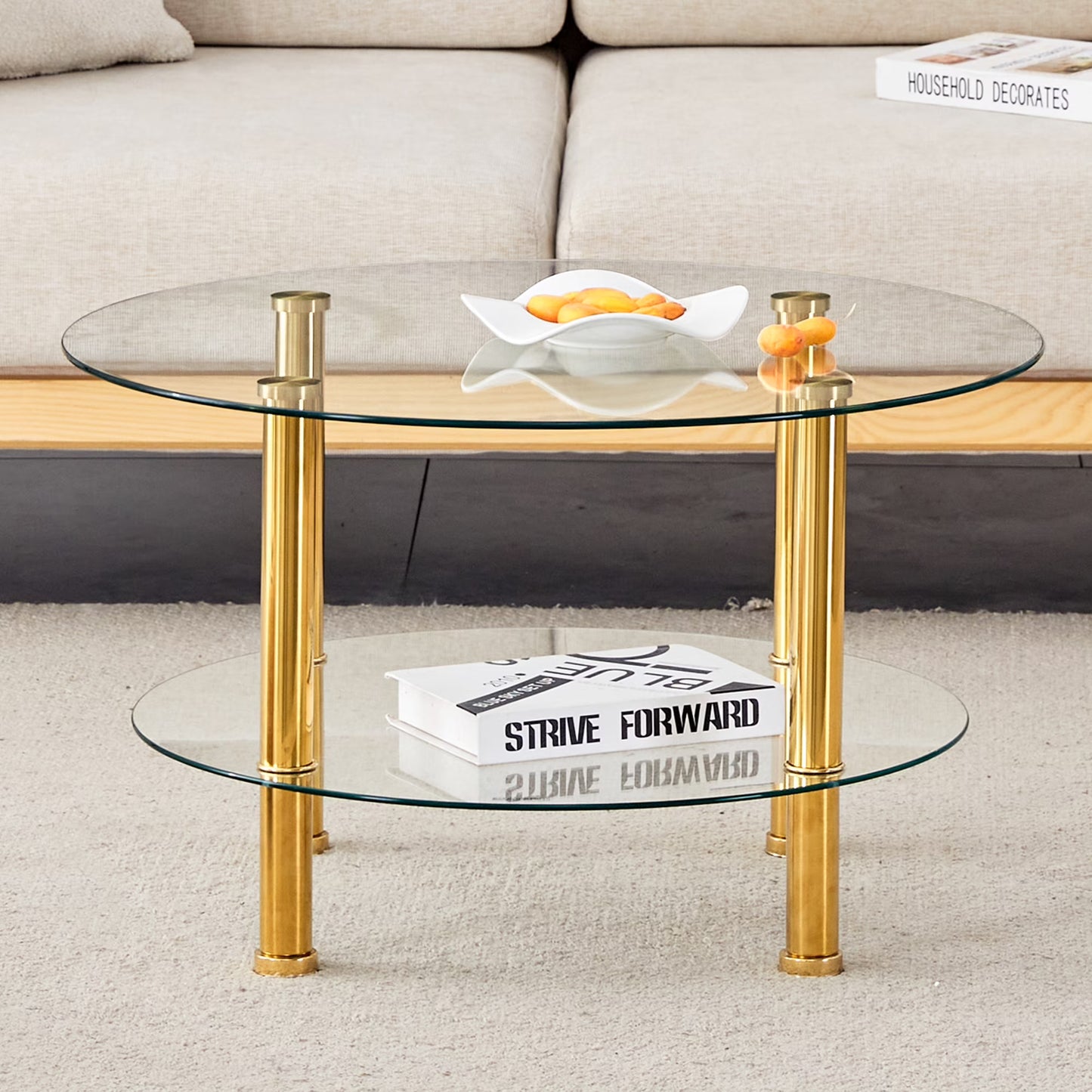 Coffee Tables Contemporary Minimalist Double Layer Tempered Glass Coffee Table - 27.5" Top and 23.6" Bottom.Reinforced Glass Tabletop,Stainless Steel Silver Plated Legs.,End Tables