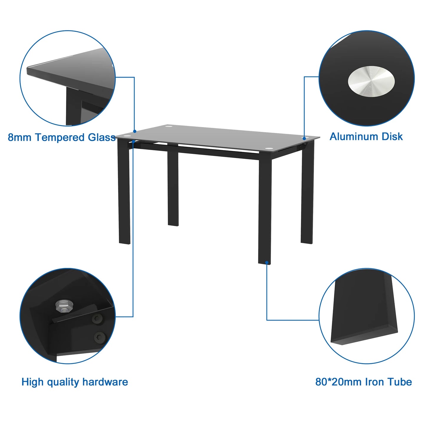 Aukfa 5-Piece Dining Table Set for Dining Room, Kitchen, Dinette, w/Glass Tabletop, 4 Faux Leather Metal Frame Chairs - Black