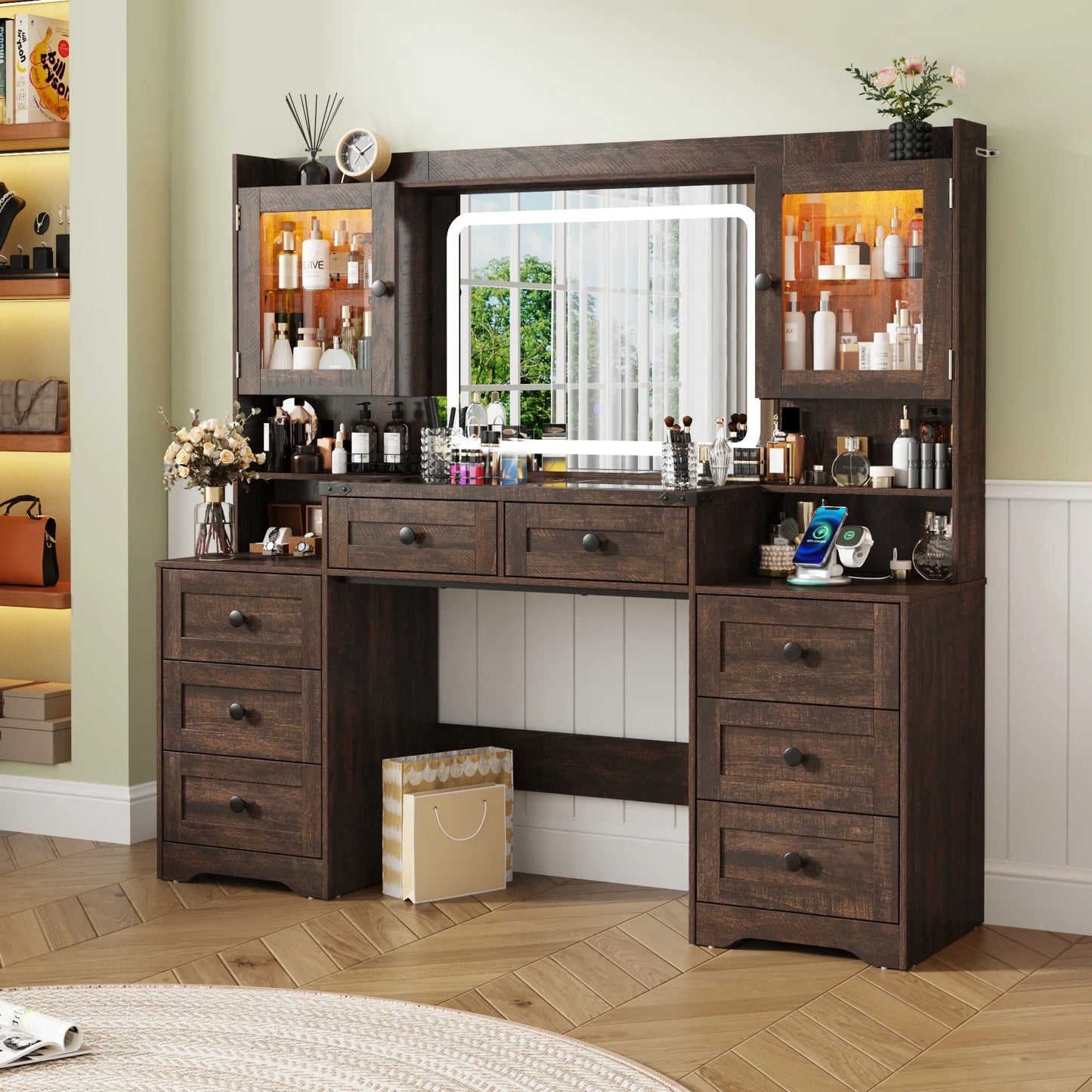ANPOO 60" Farmhouse Vanity Desk with Outlet, Mirror Lights, Tempered Glass Top, Big Makeup Vanity Table with 2 RGB Glass Cabinets, 60000-color LED Lights, Wood Makeup Desk for Women, Girls, Brown