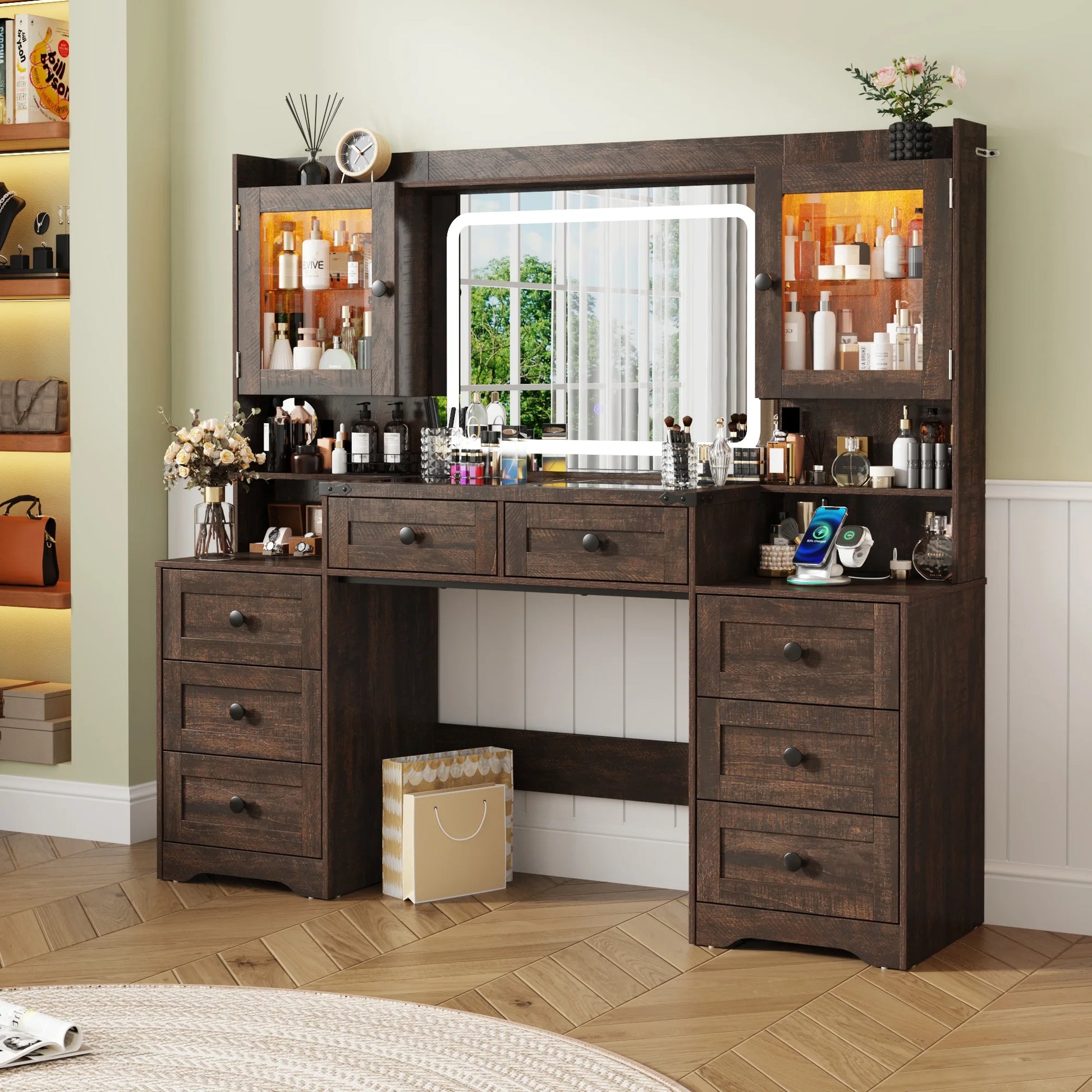 ANPOO 60" Farmhouse Vanity Desk with Outlet, Mirror Lights, Tempered Glass Top, Big Makeup Vanity Table with 2 RGB Glass Cabinets, 60000-color LED Lights, Wood Makeup Desk for Women, Girls, Brown