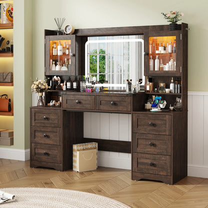 ANPOO 60" Farmhouse Vanity Desk with Outlet, Mirror Lights, Tempered Glass Top, Big Makeup Vanity Table with 2 RGB Glass Cabinets, 60000-color LED Lights, Wood Makeup Desk for Women, Girls, Brown