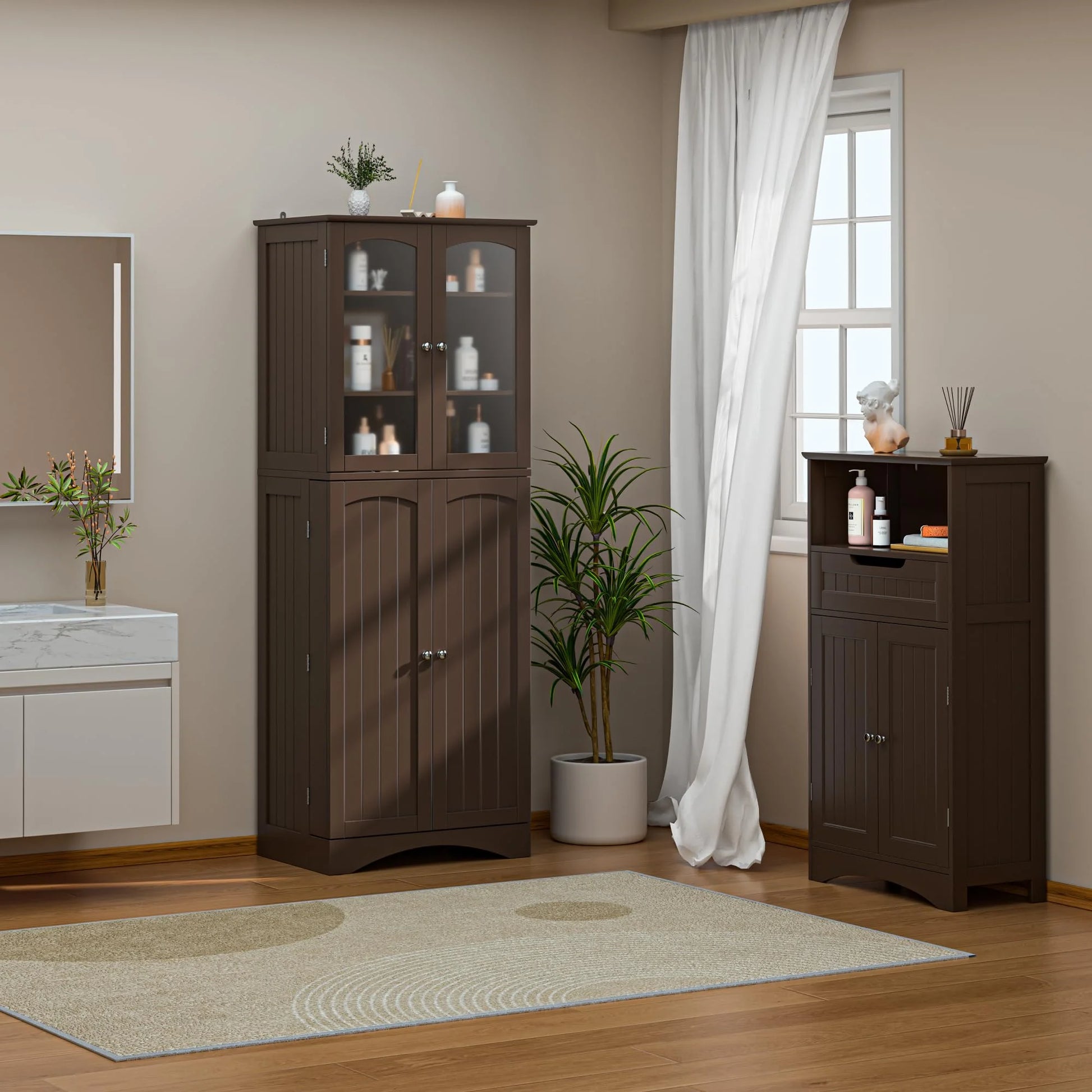 Kitchen Cabinet, Lofka 64" Kitchen Pantry Storage Cabinet with Frosted Glass Doors and 14 Shelves, Dark Brown