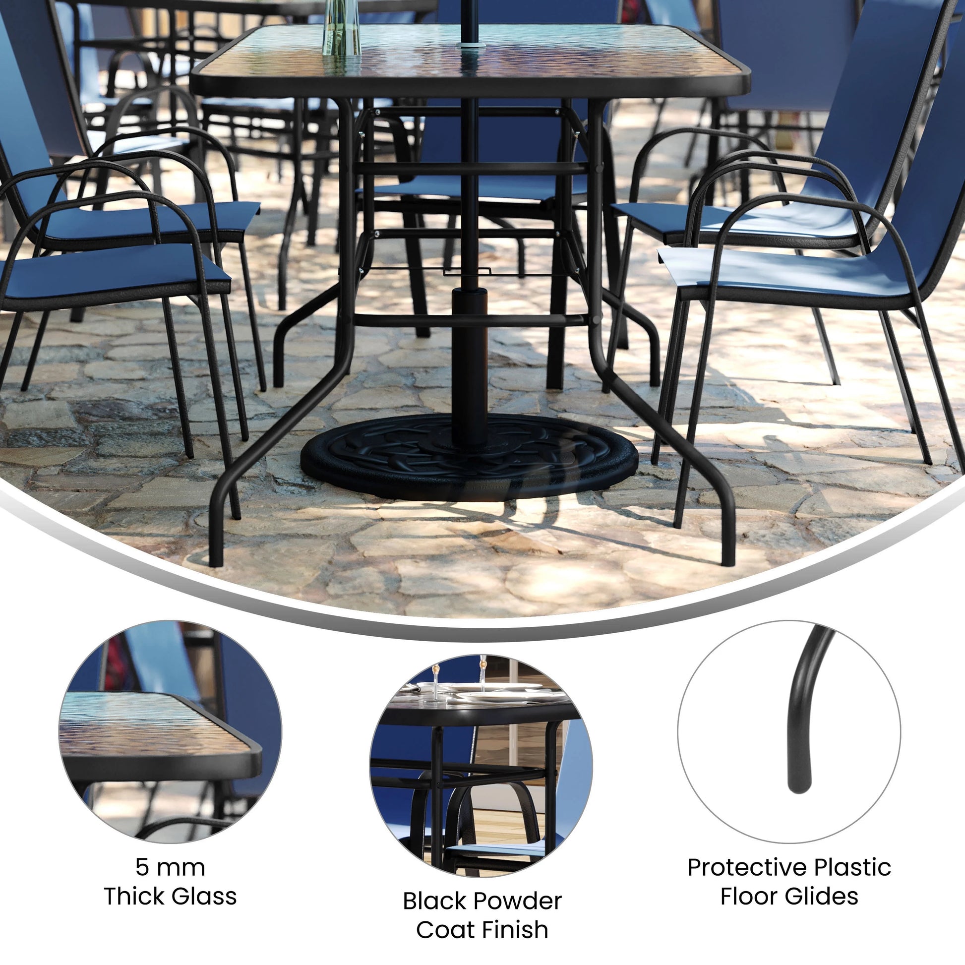 Flash Furniture 7 Piece Outdoor Patio Dining Set - 55" Tempered Glass Patio Table with Umbrella Hole, 6 Navy Flex Comfort Stack Chairs