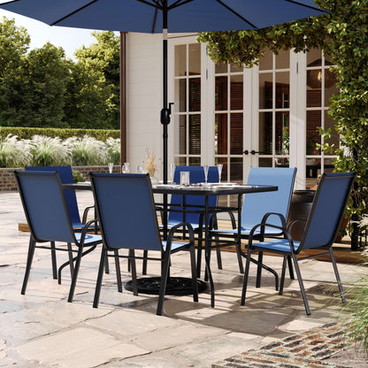 Flash Furniture 7 Piece Outdoor Patio Dining Set - 55" Tempered Glass Patio Table with Umbrella Hole, 6 Navy Flex Comfort Stack Chairs