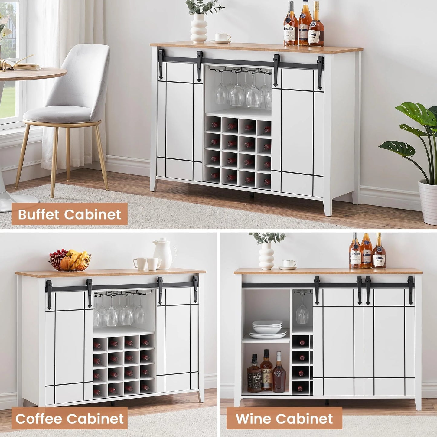 DSstyles 47" Coffee Bar Cabinet w/16 Wine & Glass Rack, Storage Shelves Farmhouse Wine Bar Cabinet w/Sliding Barn Door Rustic Large Buffet Sideboard Cabinet for Dining Room