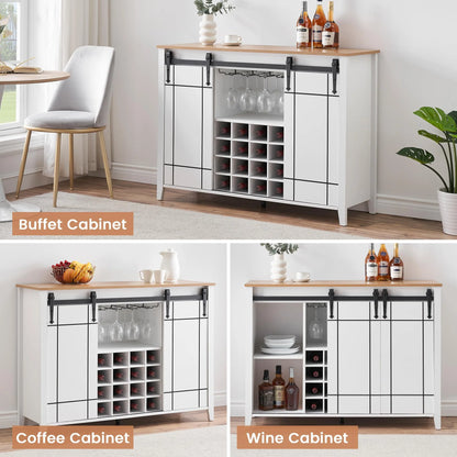 DSstyles 47" Coffee Bar Cabinet w/16 Wine & Glass Rack, Storage Shelves Farmhouse Wine Bar Cabinet w/Sliding Barn Door Rustic Large Buffet Sideboard Cabinet for Dining Room