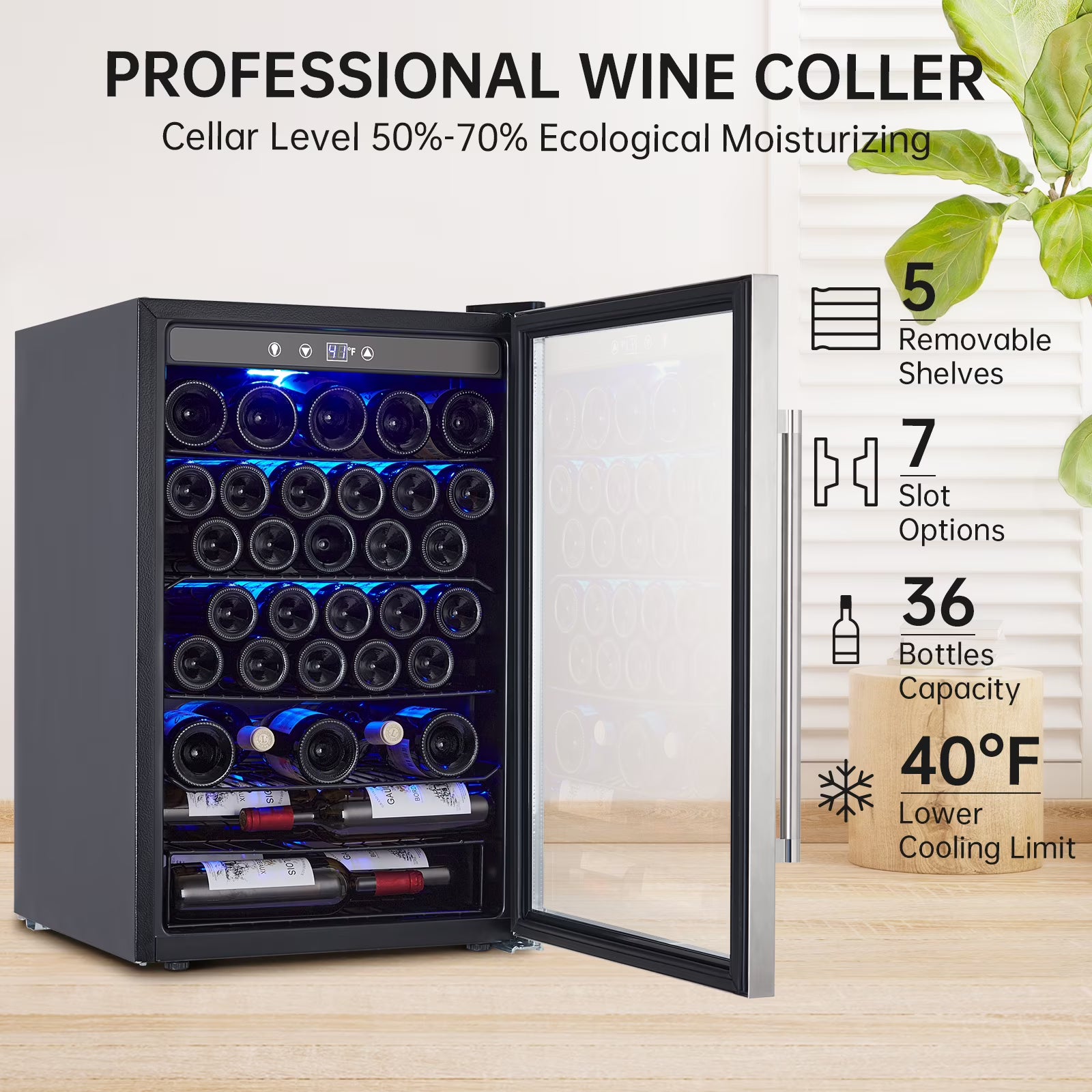 Wine Cooler,Beverage Refrigerator Cooler,Freestanding Wine Cooler Refrigerator with Triple Pane Clear Glass Door,Mini Fridge Countertop Drink Cooler for Home Office,Temperature Adjustment Range 40~61°