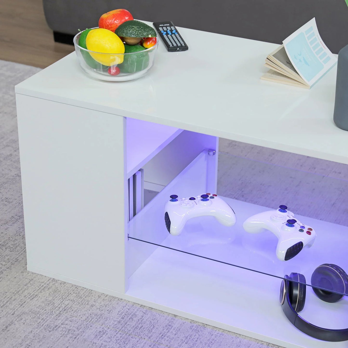 Hommpa LED Coffee Table with Glass Display Shelves for Living Room App and Remote Control LED Lights High Gloss Center Table Sofa Side Tables