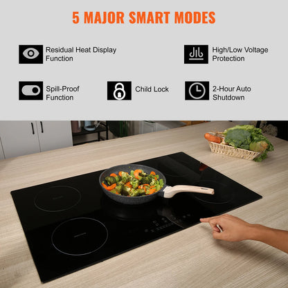 KFFKFF 36in Electric Cooktop, 5 Burners Ceramic Glass Stove Top Touch Control 9200W, 9 Heating Level Multifunctional Burner
