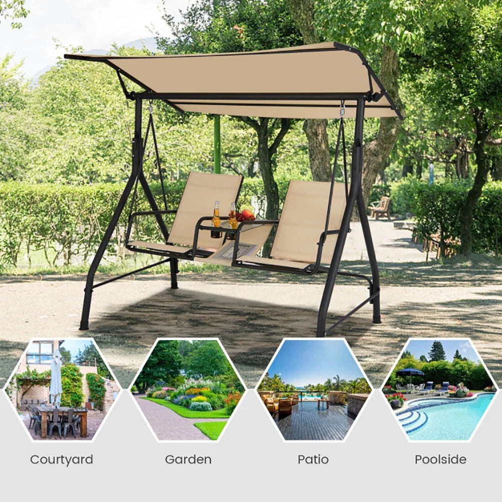 Resenkos Porch Swing, 2-Seat Outdoor Cushioned Porch Swing with Adjustable Canopy and Tempered Glass Table-Beige, Hanging Outdoor Porch Swings for Garden, Backyard