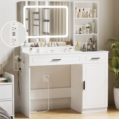 Hommpa Vanity Desk, Makeup Vanity with LED Lighted Mirror Vanity with Glass Top Drawers Vanity Table with Charging Station for Girls Bedroom Large Storage Cabinet Shelves, White