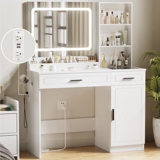 Hommpa Vanity Desk, Makeup Vanity with LED Lighted Mirror Vanity with Glass Top Drawers Vanity Table with Charging Station for Girls Bedroom Large Storage Cabinet Shelves, White