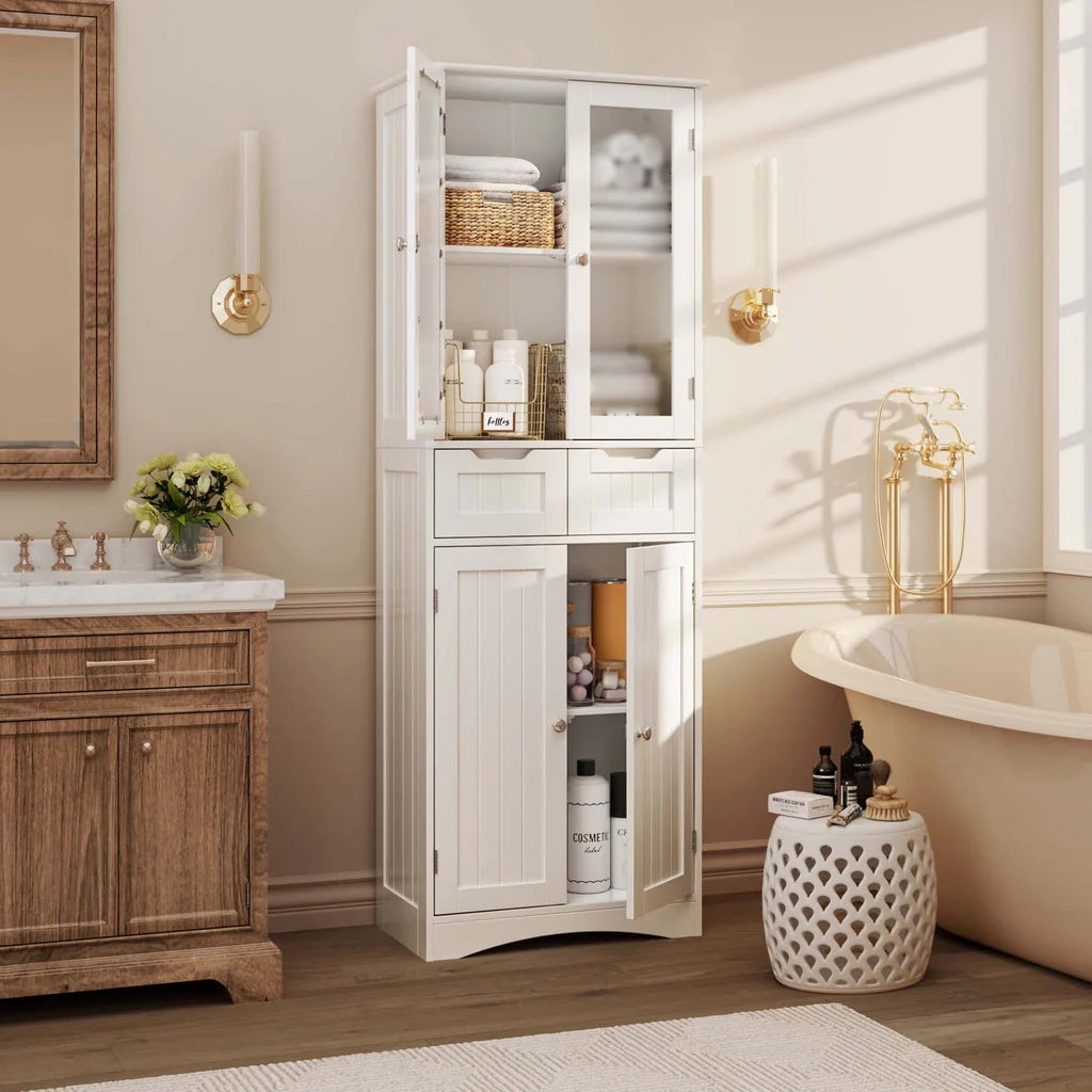 Aiho 66.9 "H Kitchen Pantry Storage Cabinet with 2 Drawers and Glass Doors for Kitchen - White