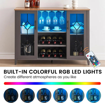 FOLDLIFE Wine Bar Cabinet with LED Lights, Liquor Cabinet Bar with Storage Cabinet, Coffee Cabinet with Bottles and Glass Rack, Buffet Sideboard with Storage Cabinet& Drawers,Dark Grey