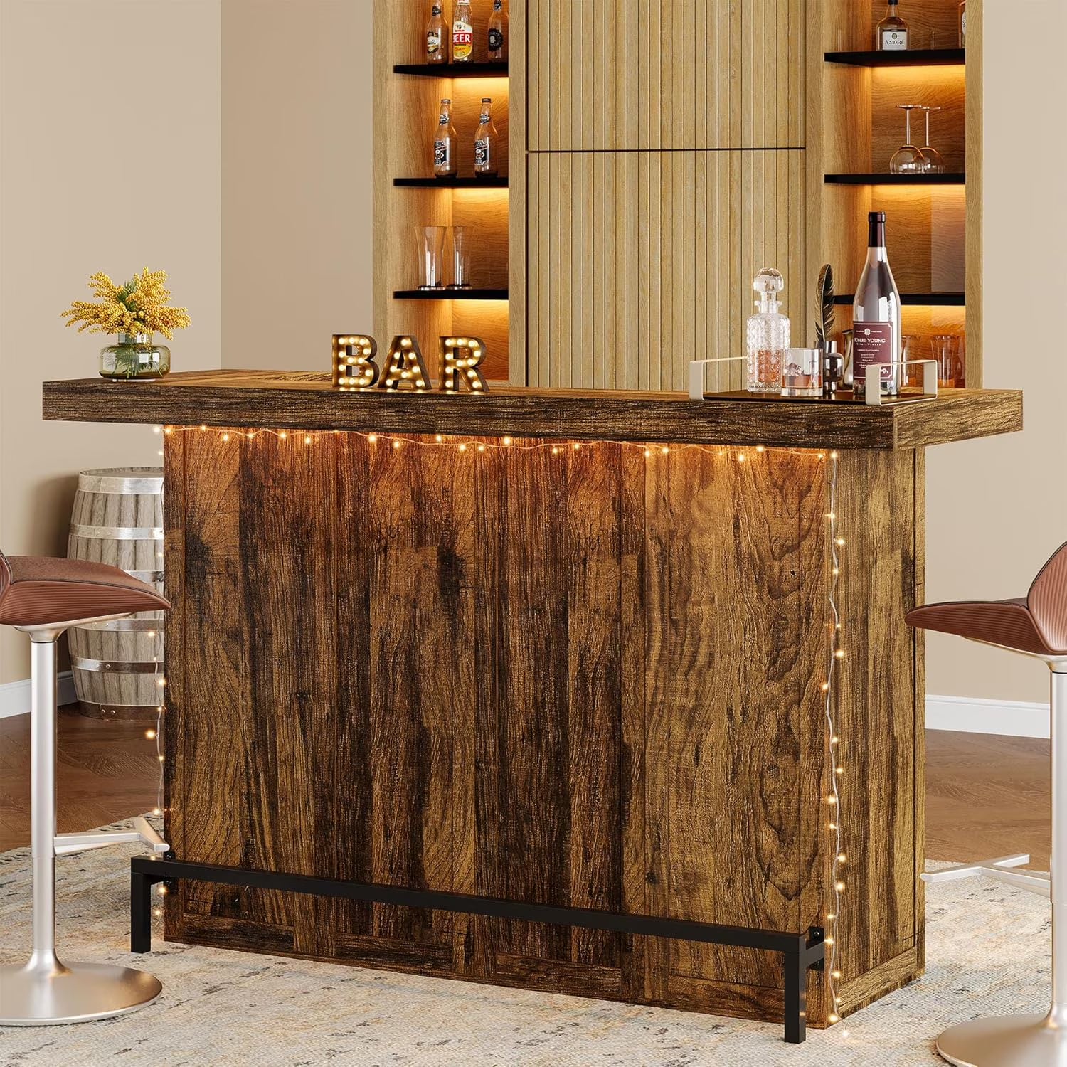 4-Tier Bar Table, 70.9-Inch Large Modern Home Bar Cabinet with Wine Glass Holder and Black Footrest