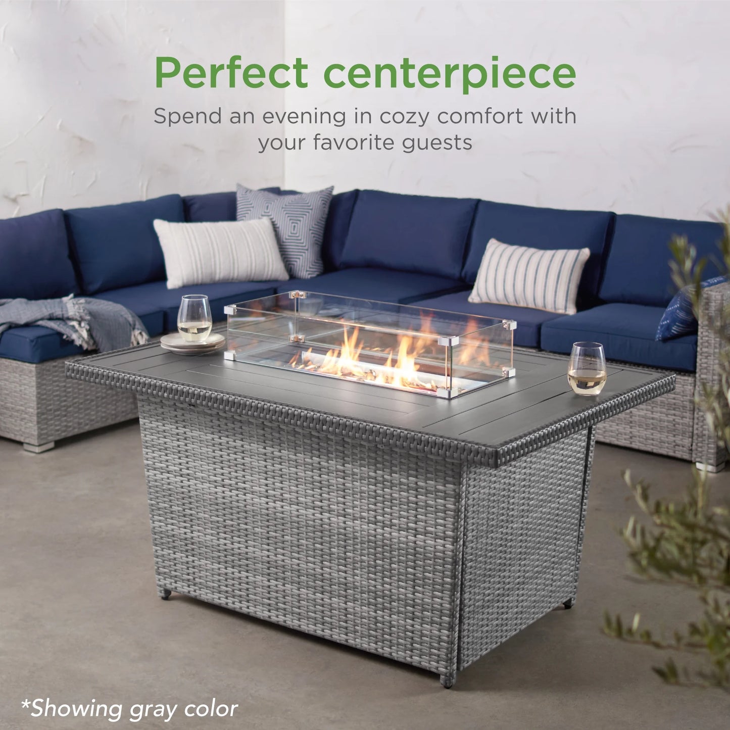 Best Choice Products 52in Wicker Propane Gas Fire Pit Table 50,000 BTU w/Glass Wind Guard, Tank Holder, Cover - Gray