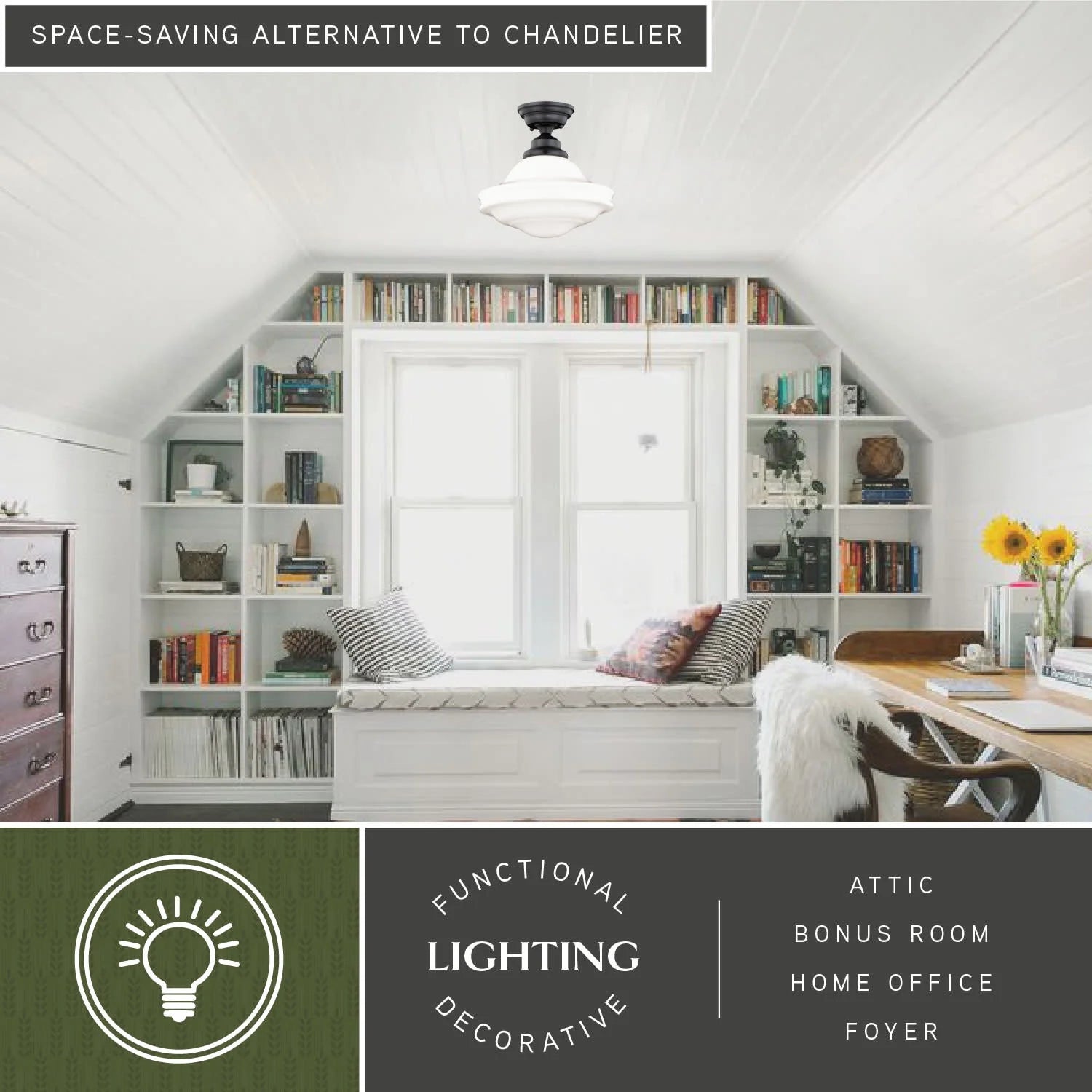 Huntley 12-in W Satin Nickel Farmhouse Schoolhouse Semi Flush Mount Ceiling Light White Glass
