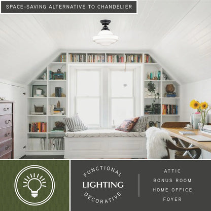 Huntley 12-in W Satin Nickel Farmhouse Schoolhouse Semi Flush Mount Ceiling Light White Glass