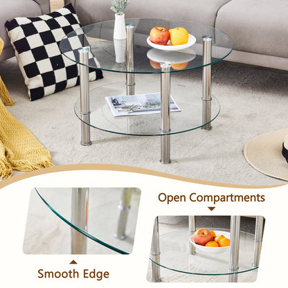 Coffee Tables Contemporary Minimalist Double Layer Tempered Glass Coffee Table - 27.5" Top and 23.6" Bottom.Reinforced Glass Tabletop,Stainless Steel Silver Plated Legs.,End Tables