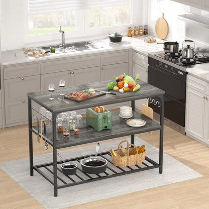 Homieasy Kitchen Island with Wine Glass Holder, Industrial Wood and Metal Coffee Bar Rack, 3 Tier Spacious Prep Table Extended Counter with Hooks Easy to Assemble, Gray Oak