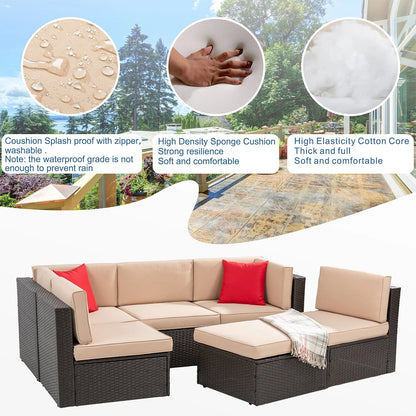 Sobaniilo 6 Pieces Patio Furniture Sets, All Weather PE Wicker Outdoor Conversation Set with Glass Table (Beige)