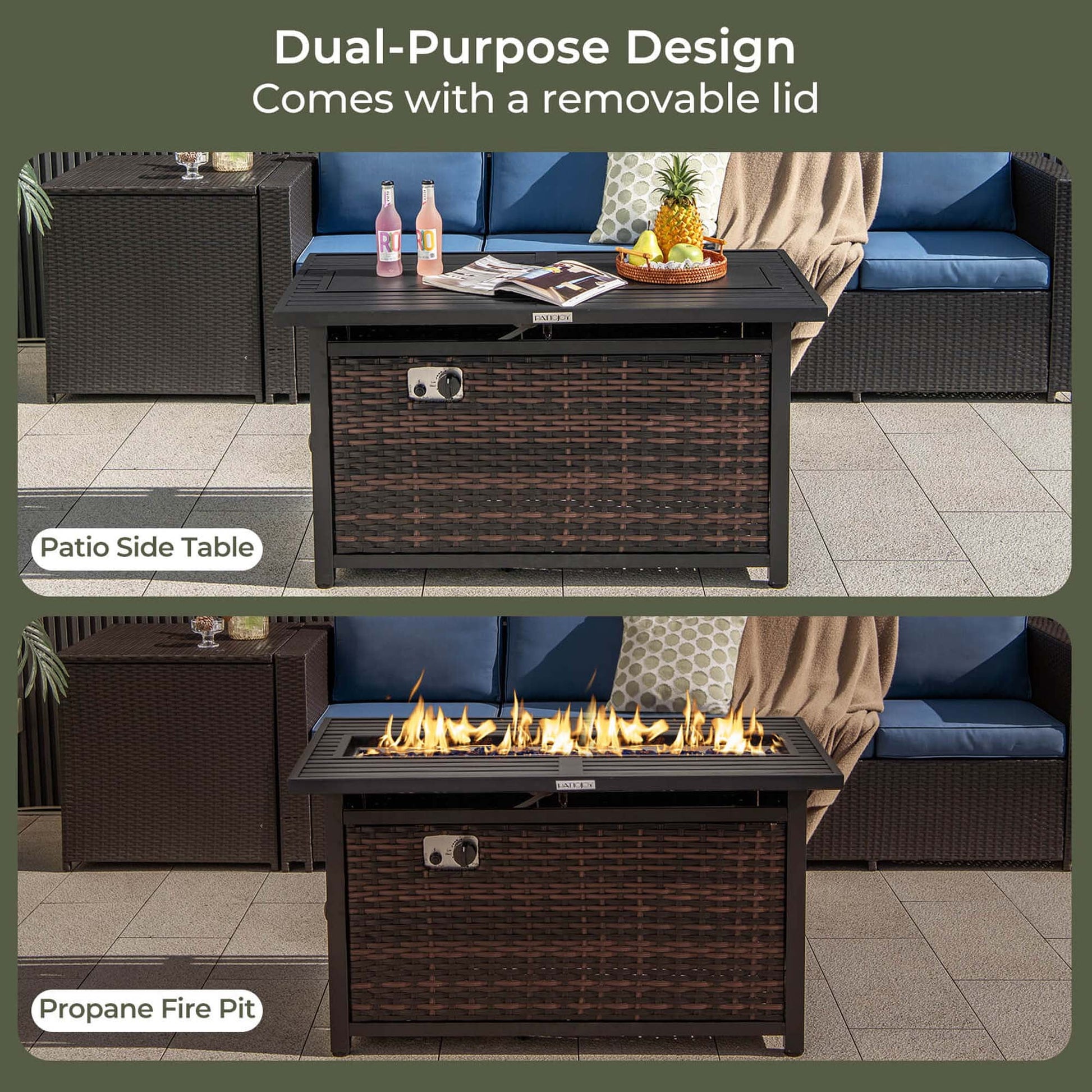 Costway 45" Propane Rattan Firepit Table with Glass Stones & Protective Cover Metal Frame