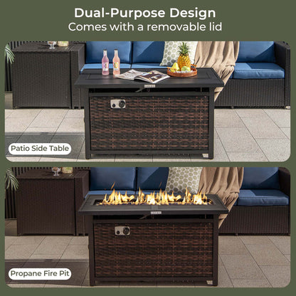 Costway 45" Propane Rattan Firepit Table with Glass Stones & Protective Cover Metal Frame