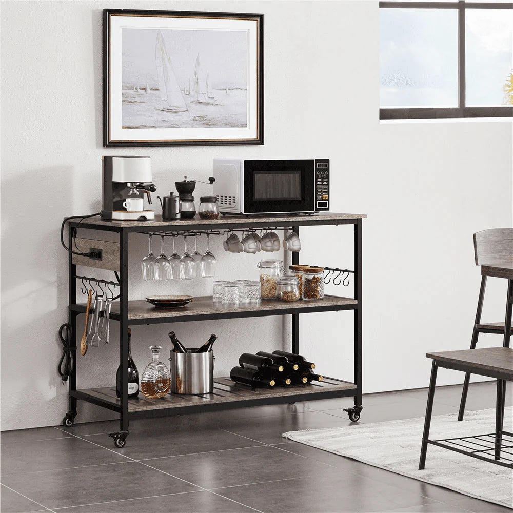 Topeakmart 3-Tier Rolling Kitchen Cart with Glass Holder and Power Outlets for Kitchen, Taupe Wood