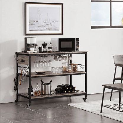 Topeakmart 3-Tier Rolling Kitchen Cart with Glass Holder and Power Outlets for Kitchen, Taupe Wood