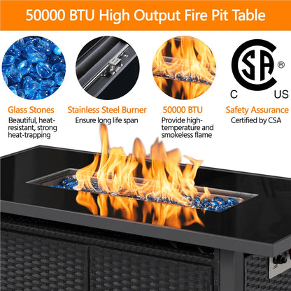 Topeakmart 43" Propane Firepit Table 50,000 BTU Glass Top Gas Fire Pit with Interchangeable Wheels & Feet, Black