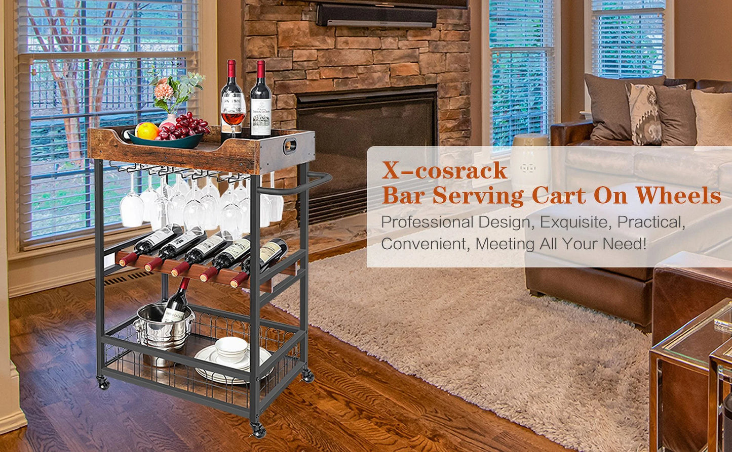 x-Cosrack 3 Tier Home Bar Cart with Wine Rack and Glasses Holder, Mobile Kitchen Storage on Wheels, Brown