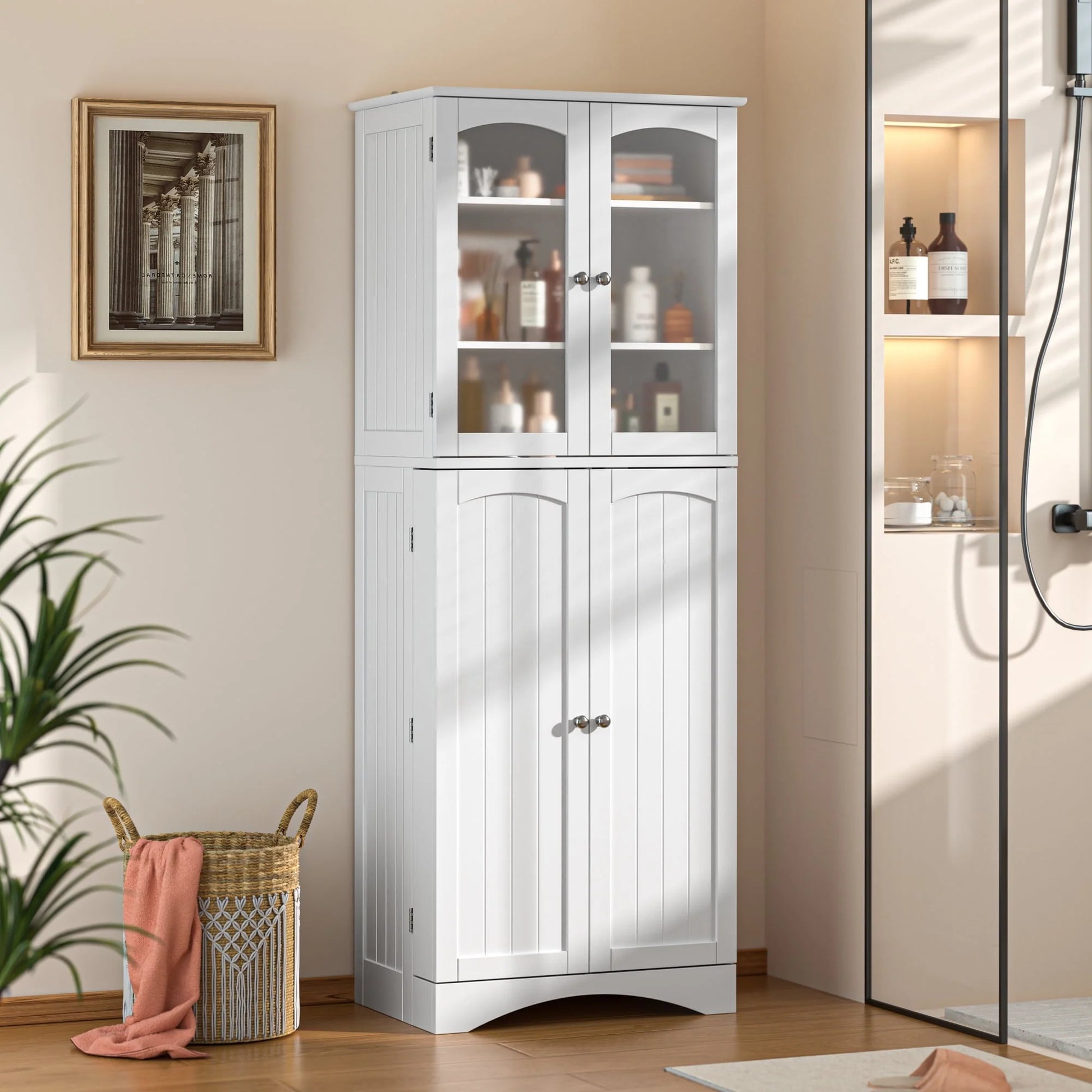 Lofka Kitchen Food Pantry Cabinet, 64" Tall Storage Cabinet with Frosted Glass Doors and Adjustable Shelves, White