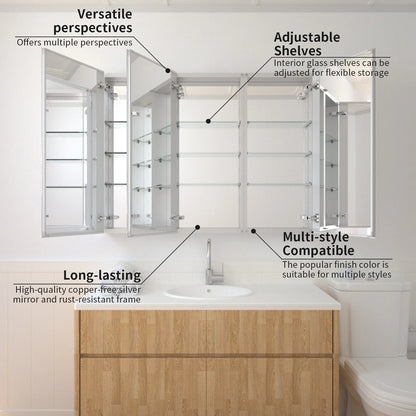 Taimei 48" W x 36" H x 4°?D Aluminum Medicine Cabinet with Three(3) Frameless Beveled Mirror Doors, Interior Mirrors,Color Satin, Adjustable 3 Glass Shelves, Soft Closure. By: FOCA US