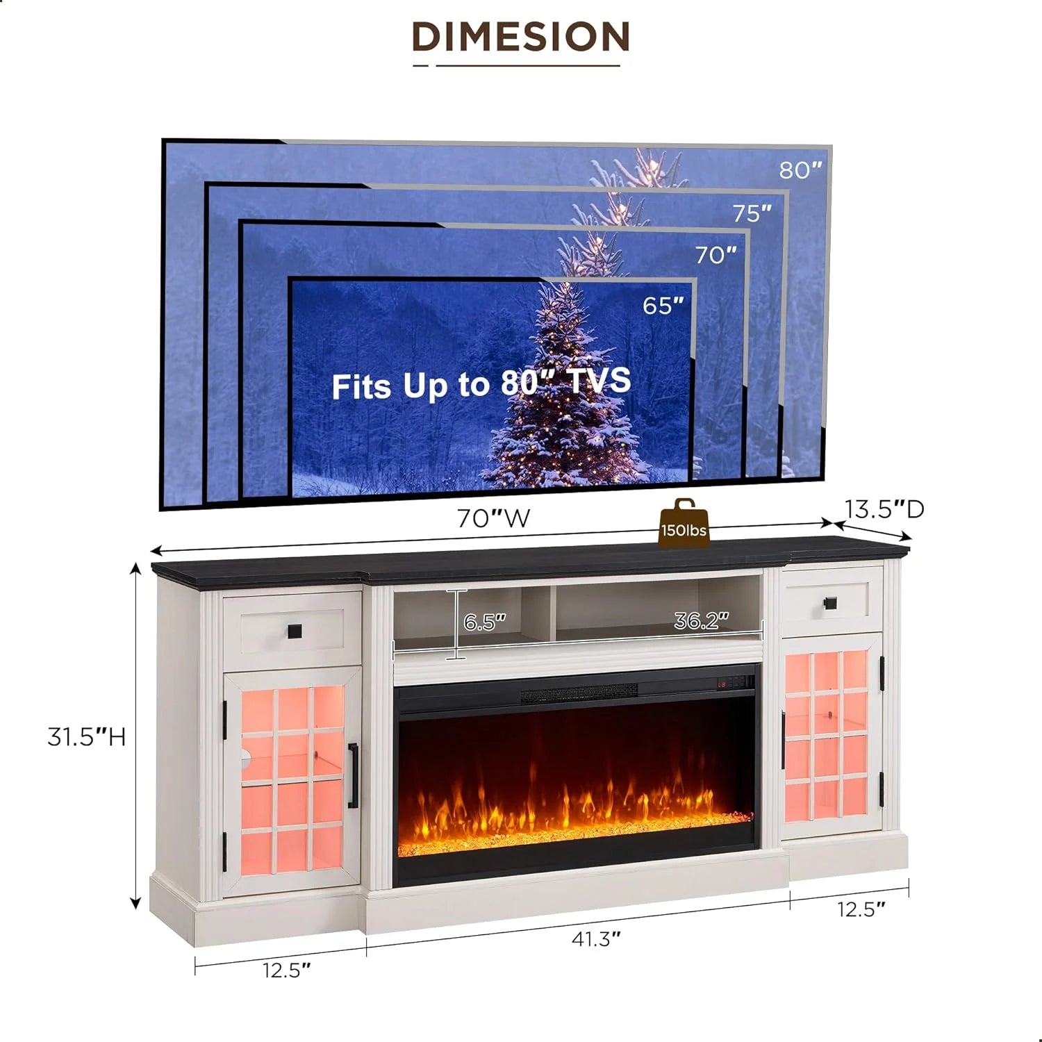 T4TREAM Fireplace TV Stand for 80 Inch TV, Farmhouse Highboy Entertainment Center with 36" Electric Fireplace, LED Lights, Glass Door Cabinet & Storage Drawer, White